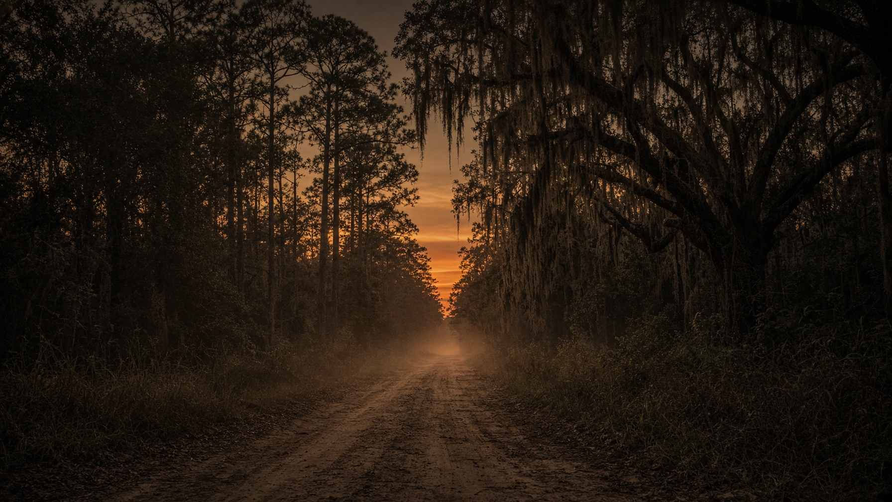 A dusk country road in the American South, oaks hung with moss