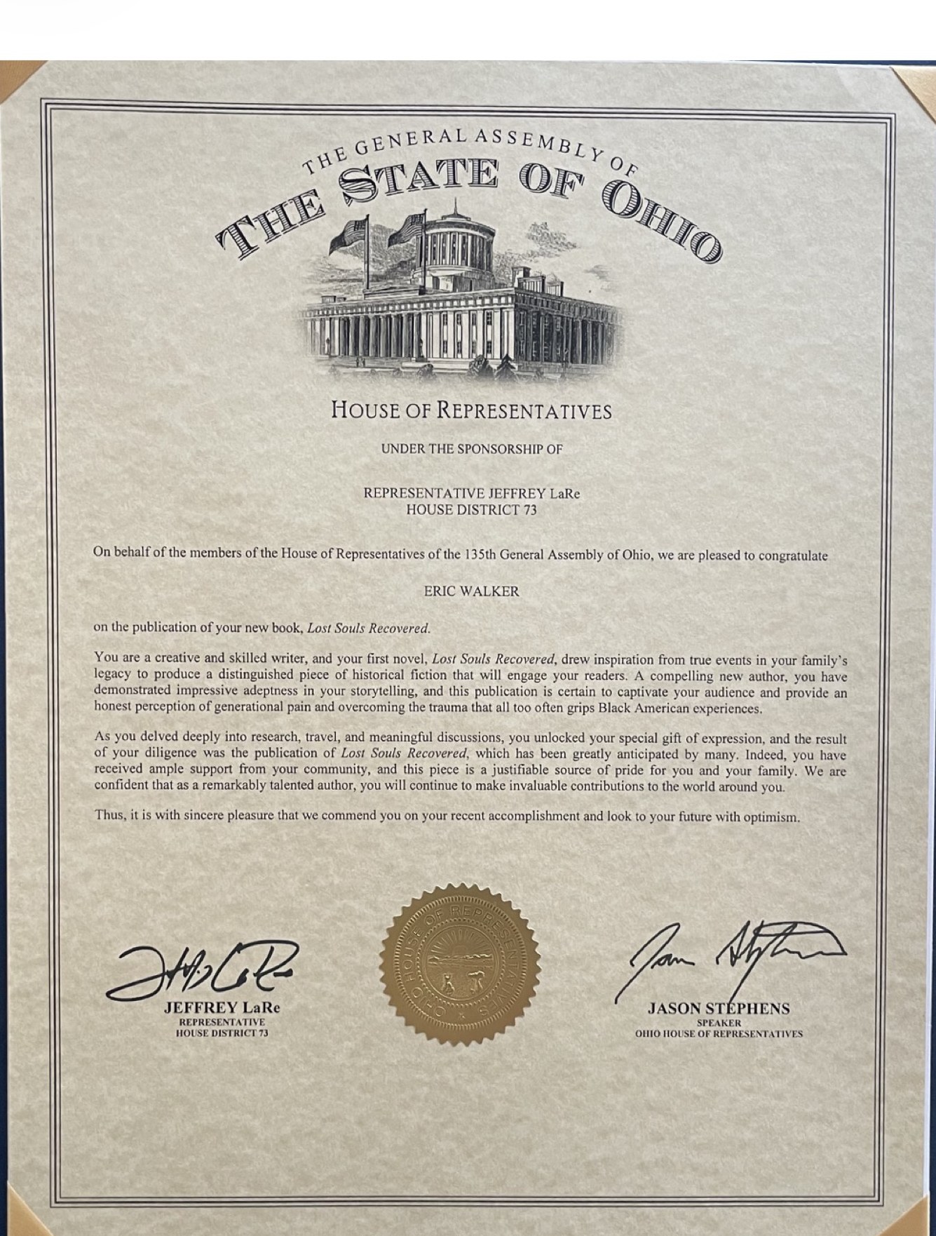 Ohio House of Representatives certificate honoring Eric Walker for Lost Souls Recovered